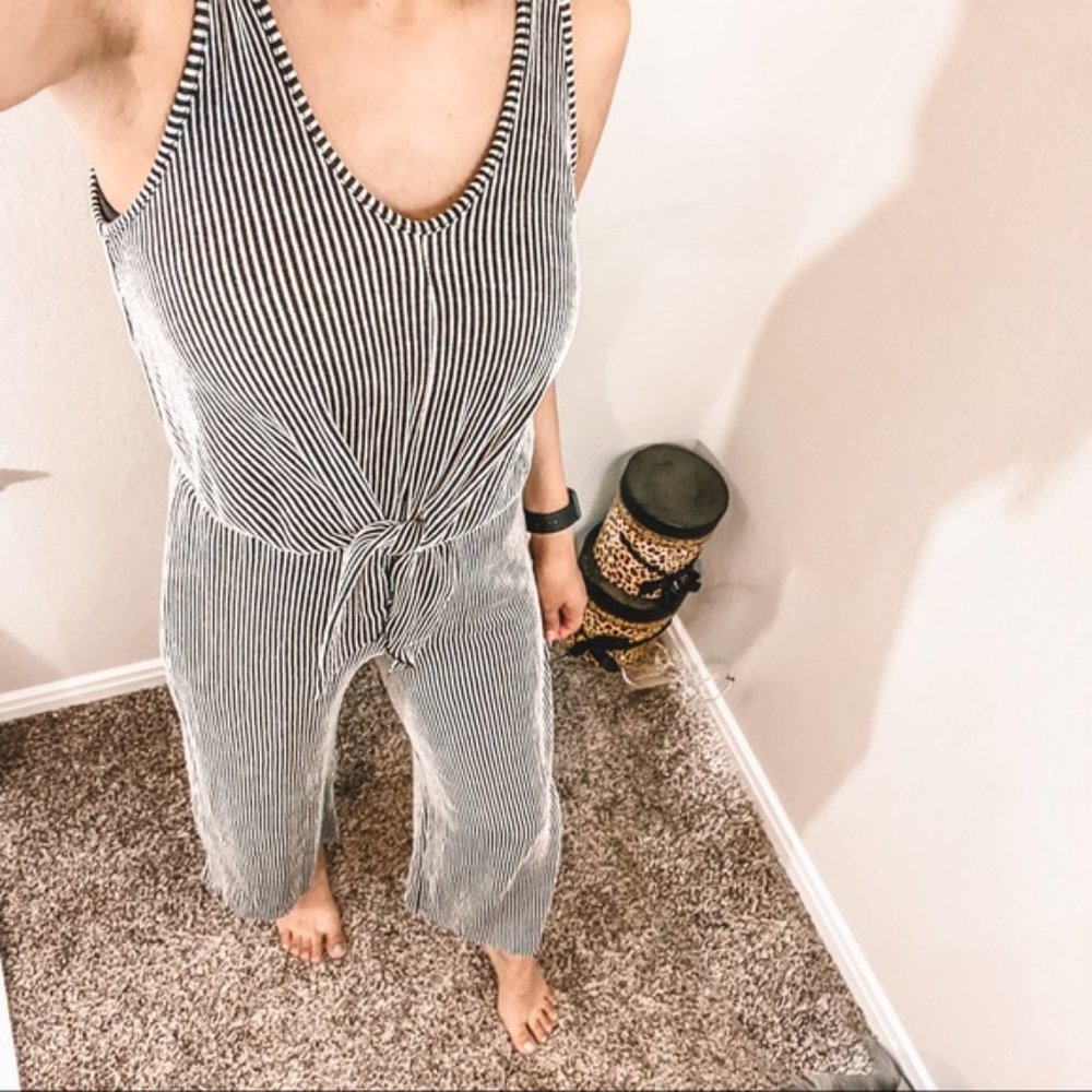 Caution to the wind Striped V-neck Jumpsuit